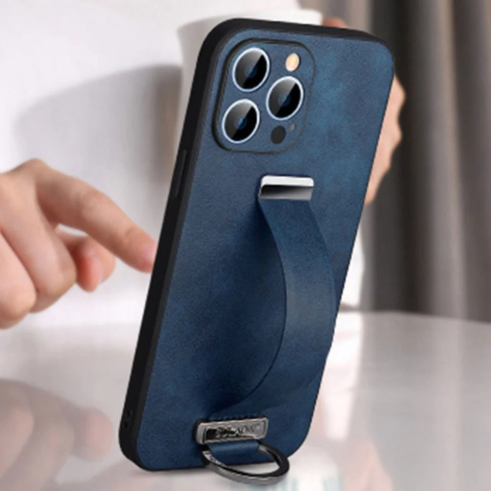 SULADA Fashion Series for iPhone 14 Pro Retractable Wristband Kickstand Phone Case Crazy Horse Texture Leather Coated PC + TPU Cover - Blue - 2