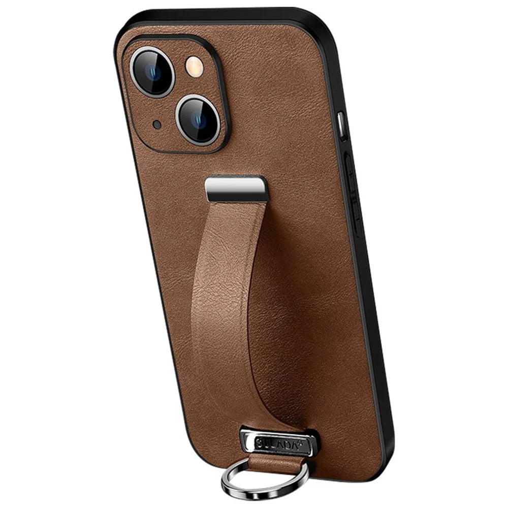 SULADA Fashion Series for iPhone 14 Plus Crazy Horse Texture PU Leather Coated PC + TPU Case Anti-drop Kickstand Phone Cover with Retractable Wristband - Brown - 1