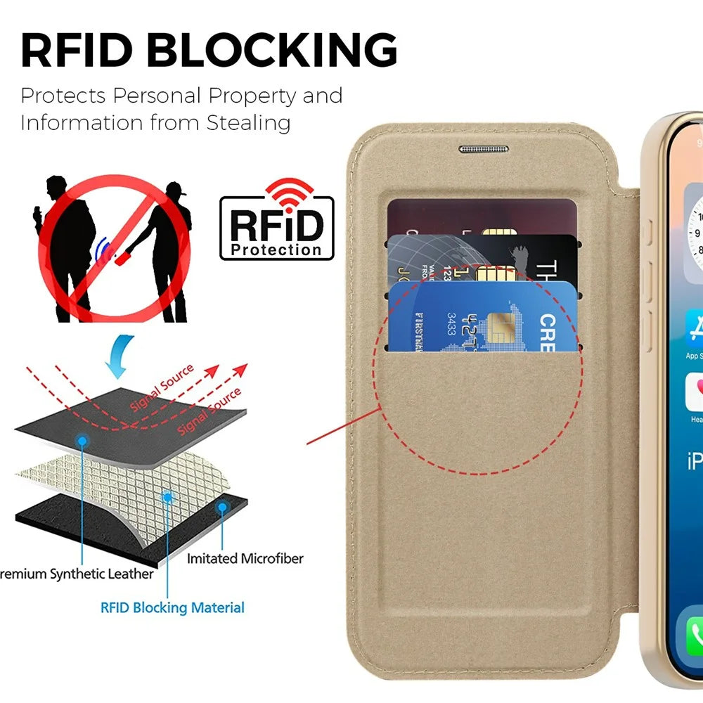 For iPhone 17 Pro Case Compatible with MagSafe RFID Blocking Leather Phone Cover - Desert Gold - 4