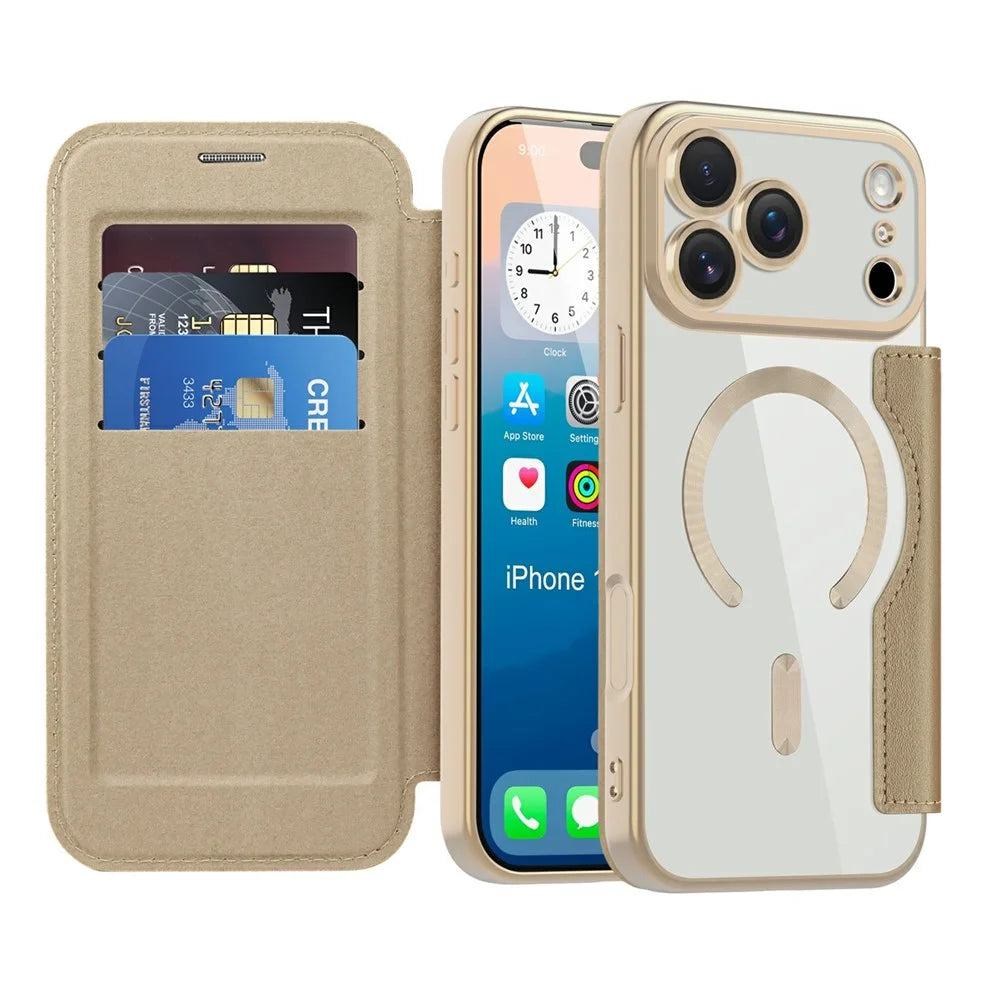 For iPhone 17 Pro Max Case Compatible with MagSafe RFID Blocking Card Holder Leather Phone Cover - Desert Gold - 2