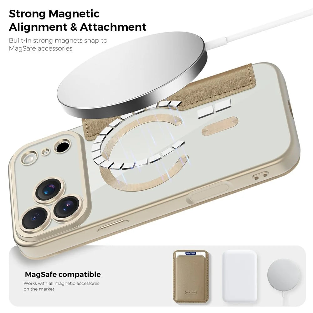 For iPhone 17 Pro Max Case Compatible with MagSafe RFID Blocking Card Holder Leather Phone Cover - Desert Gold - 7