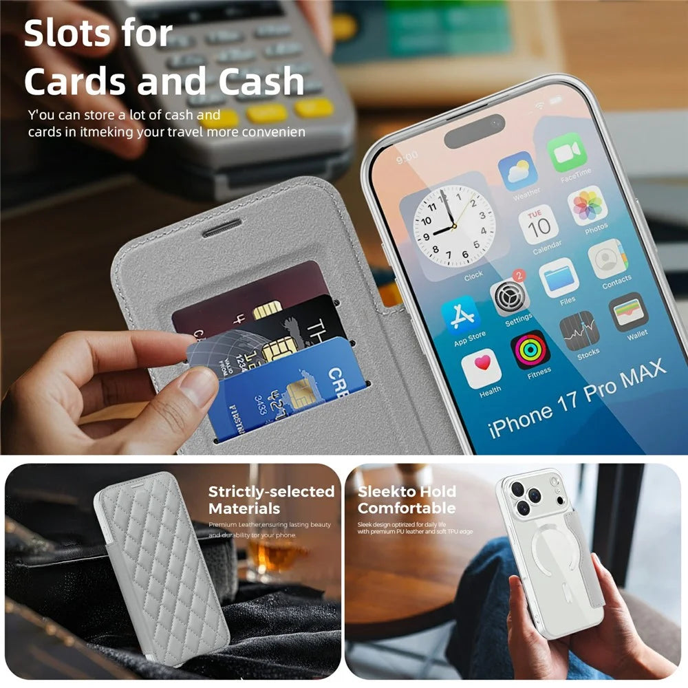 For iPhone 17 Pro Case Compatible with MagSafe Rhombus PU Leather Phone Cover - Titanium Grey - 3