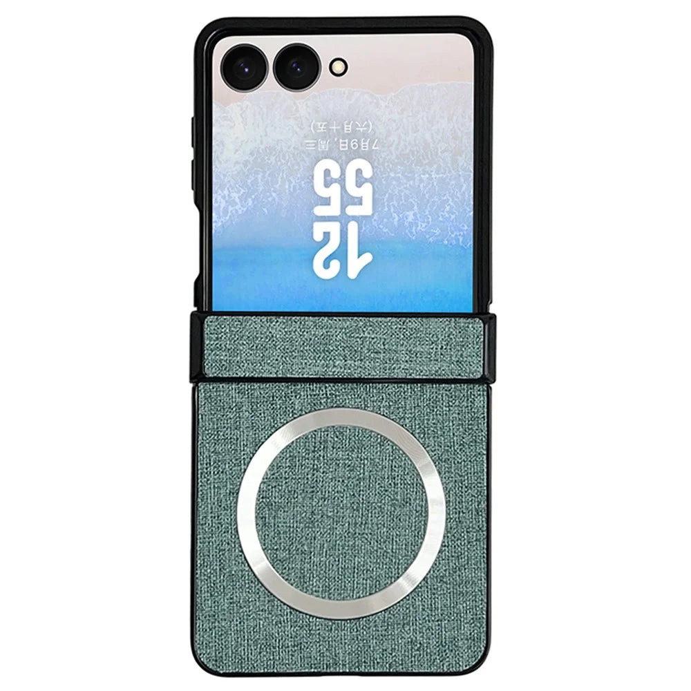 For Samsung Galaxy Z Flip7 5G Magnetic Case Leather + PC Phone Cover with Rear Screen Film and Hinge - Green - 1