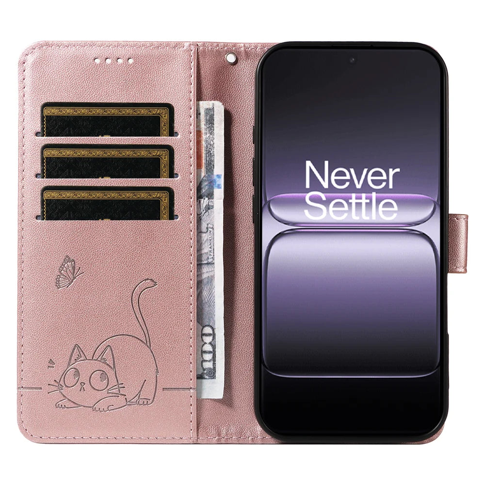For OnePlus Nord 5 5G / OnePlus Ace 5 Ultra 5G Case Cat Pattern Imprint Leather Phone Cover with Wrist Strap - Rose Gold - 2