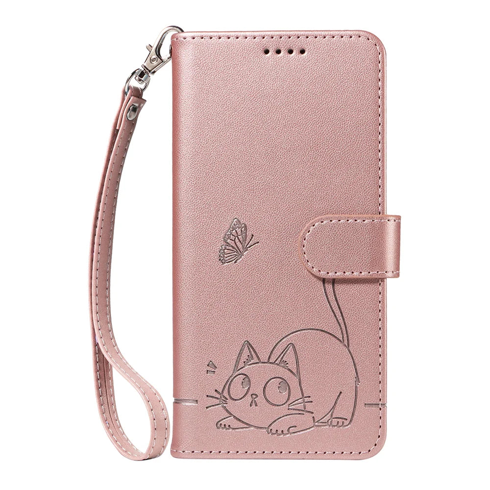 For OnePlus Nord 5 5G / OnePlus Ace 5 Ultra 5G Case Cat Pattern Imprint Leather Phone Cover with Wrist Strap - Rose Gold - 6