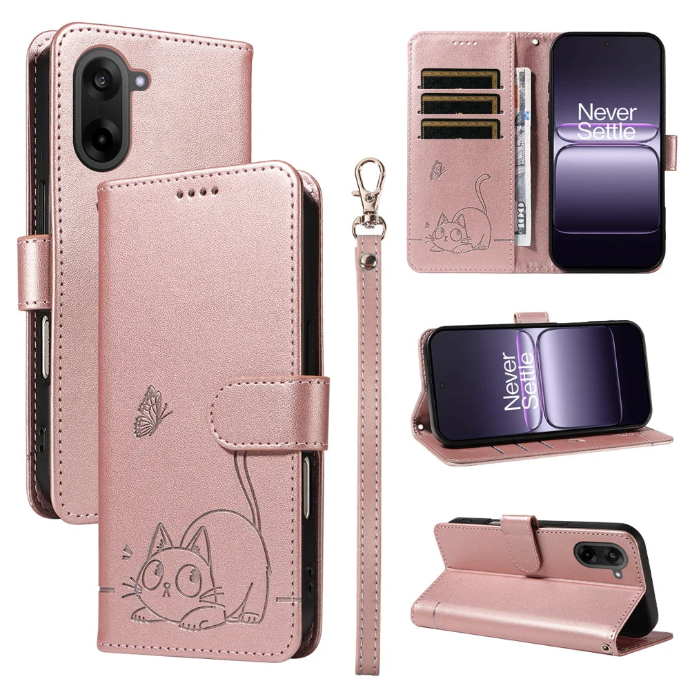 For OnePlus Nord CE5 5G / OnePlus Ace 5 Racing 5G Case Cat Pattern Imprint Leather Phone Cover with Wrist Strap - Rose Gold - 1