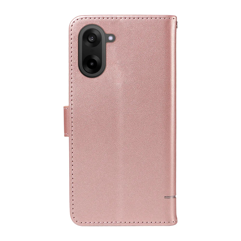 For OnePlus Nord CE5 5G / OnePlus Ace 5 Racing 5G Case Cat Pattern Imprint Leather Phone Cover with Wrist Strap - Rose Gold - 7