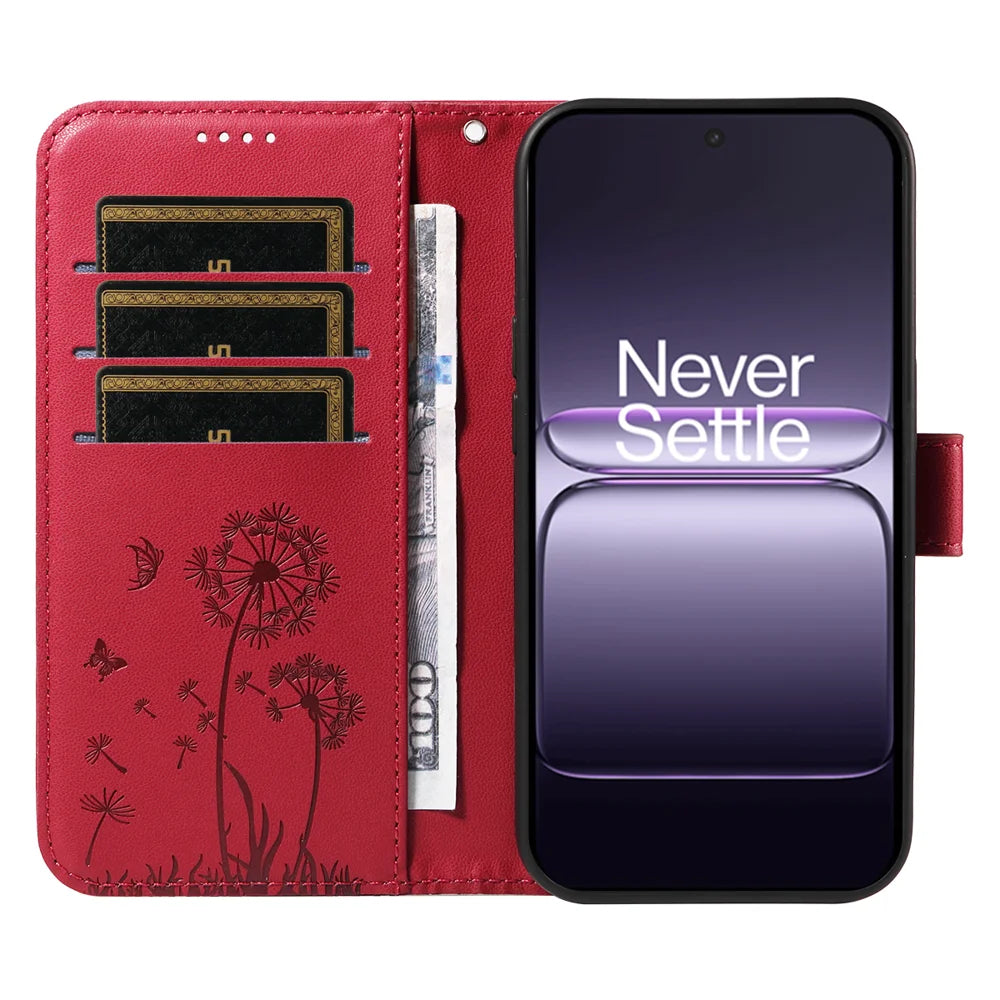 For OnePlus Nord CE5 5G / OnePlus Ace 5 Racing 5G Leather Wallet Case with Strap Dandelion Imprint Phone Stand Cover - Red - 2