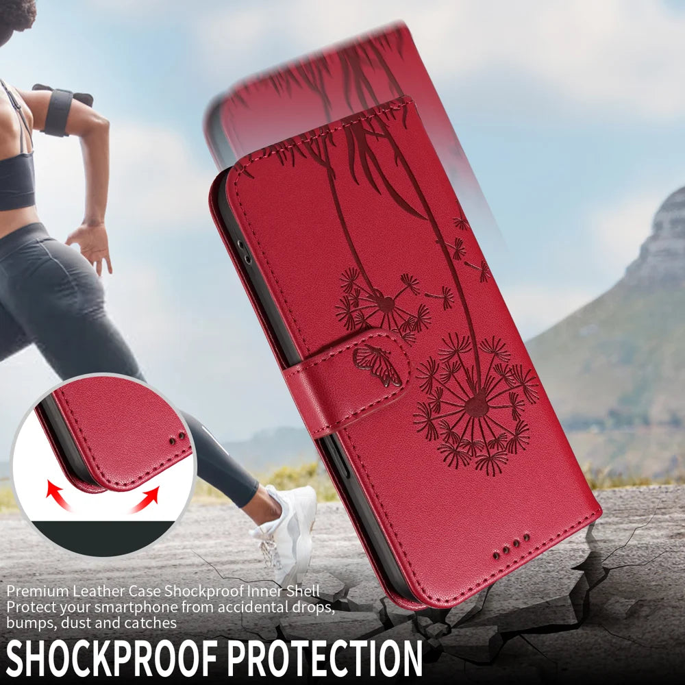 For OnePlus Nord CE5 5G / OnePlus Ace 5 Racing 5G Leather Wallet Case with Strap Dandelion Imprint Phone Stand Cover - Red - 5