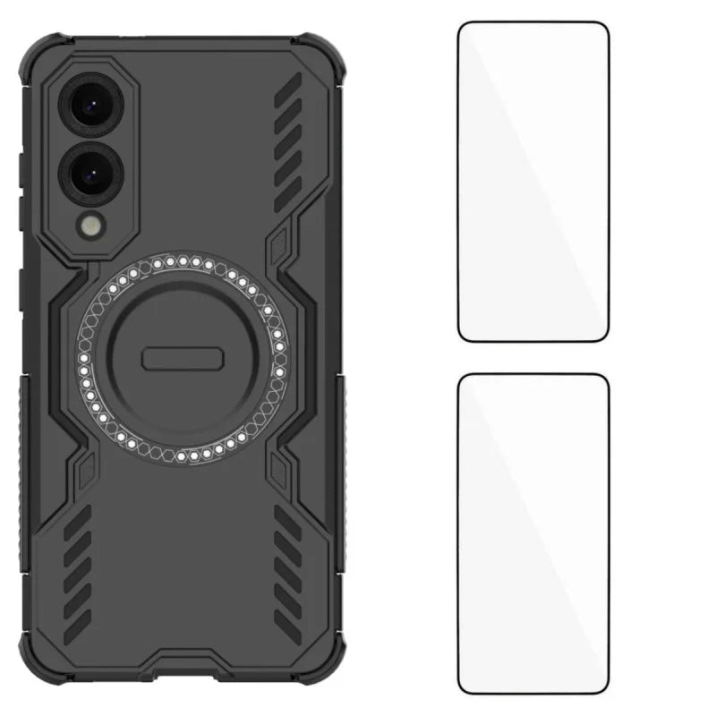 WANLONFENG For Samsung Galaxy S25 Edge Magnetic Case  DJ Series PC TPU Phone Cover with 2Pcs Tempered Glass Film - Black - 1