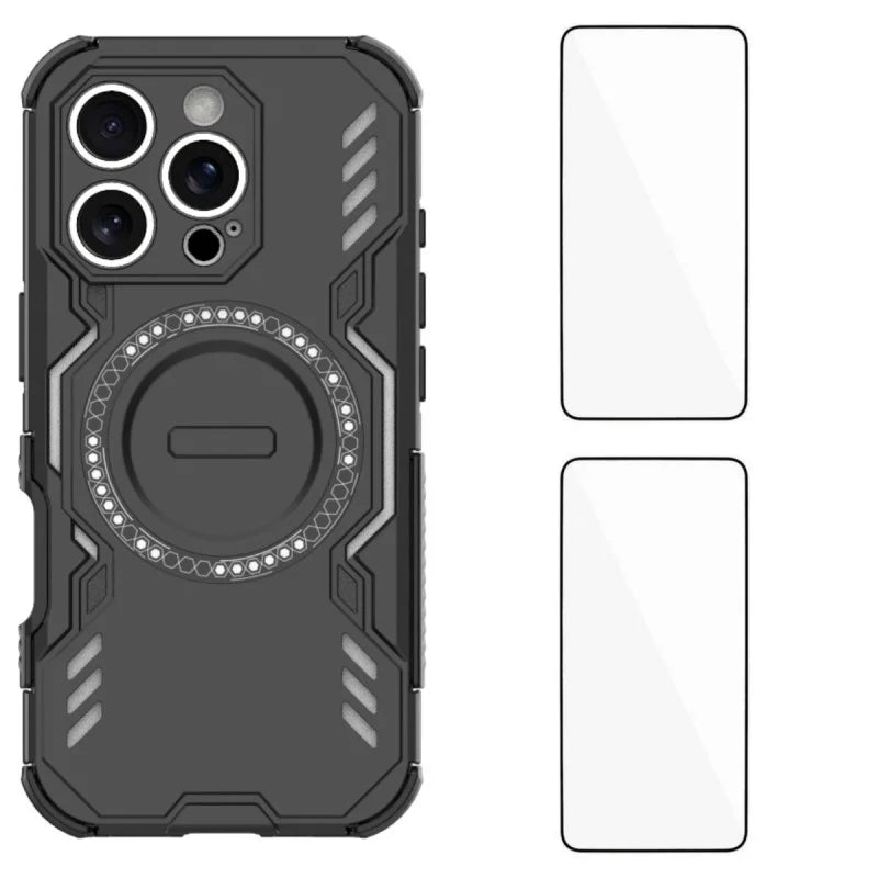 WANLONFENG For iPhone 16 Pro Magnetic Case  DJ Series PC TPU Phone Cover with 2Pcs Tempered Glass Film - Black - 1