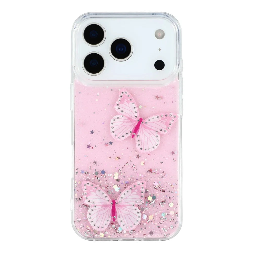 For iPhone 17 Pro Max Case Epoxy PVC Butterfly TPU Aesthetics Phone Cover - Pink - 3
