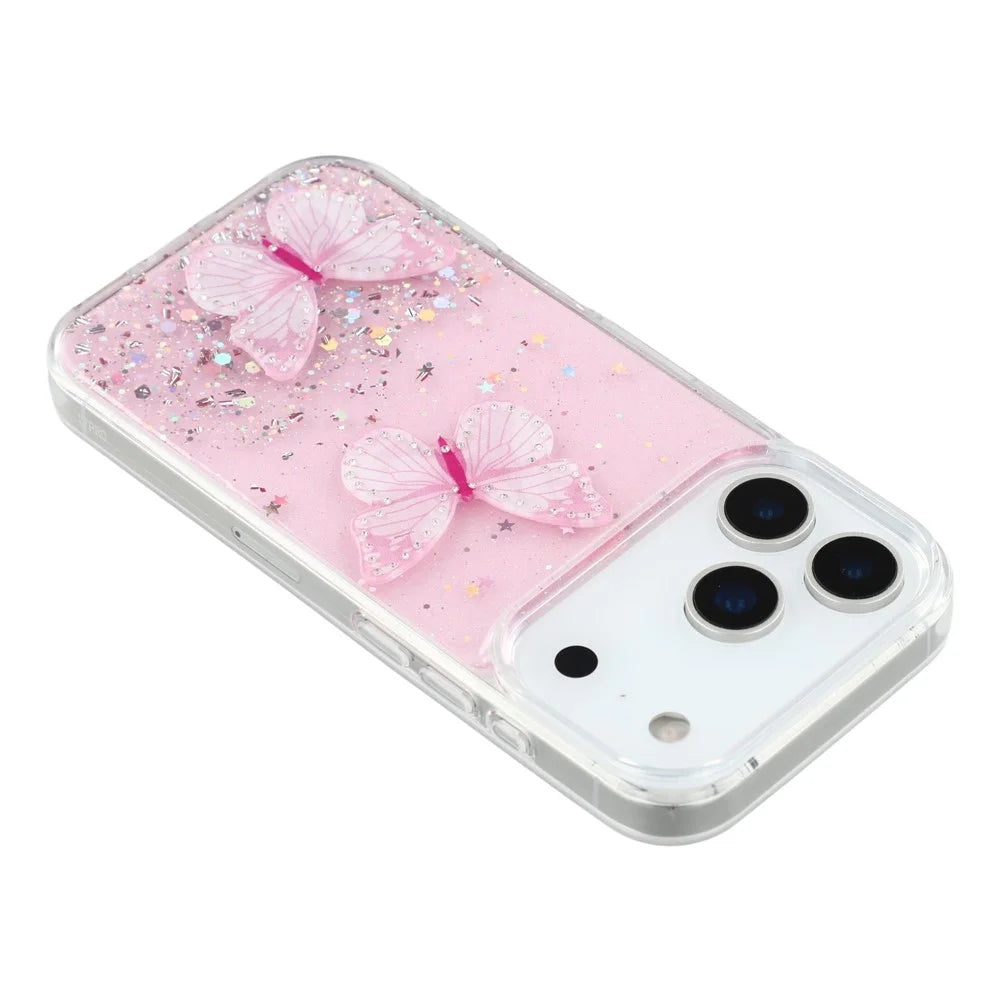 For iPhone 17 Pro Max Case Epoxy PVC Butterfly TPU Aesthetics Phone Cover - Pink - 5