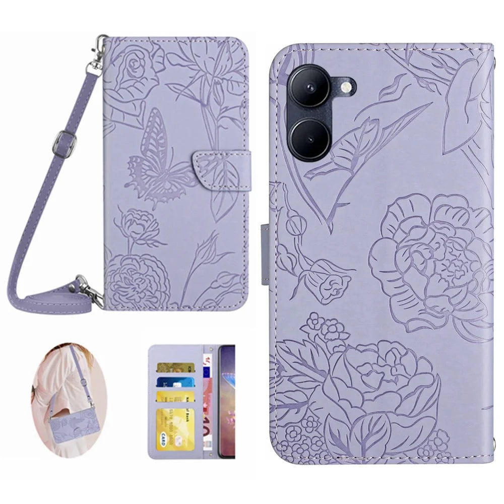 For Realme C33 2023 4G / C33 4G HT03 Imprinted Butterfly Flowers Magnetic Phone Case Skin-touch PU Leather Stand Wallet Flip Cover with Shoulder Strap - Light Purple - 1