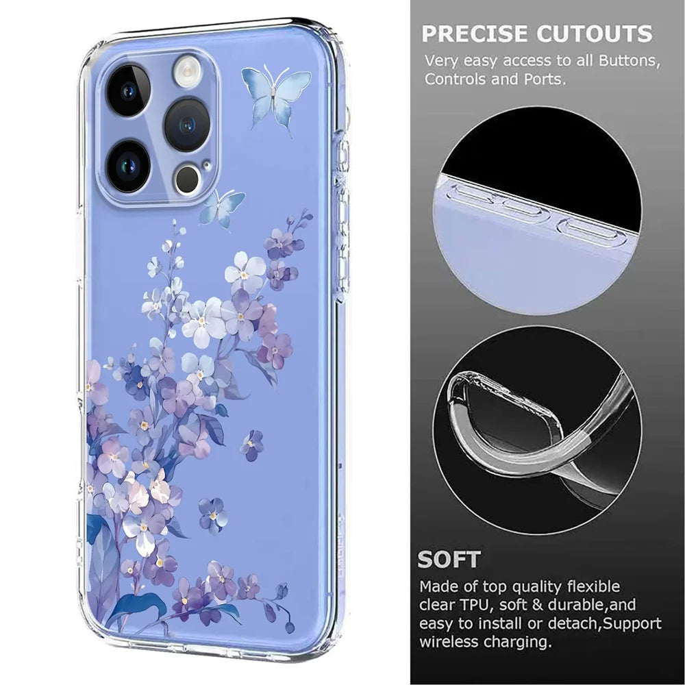 For iPhone 16 Pro Max Case Butterfly Floral Pattern Printing TPU Phone Back Cover - Violets - 6