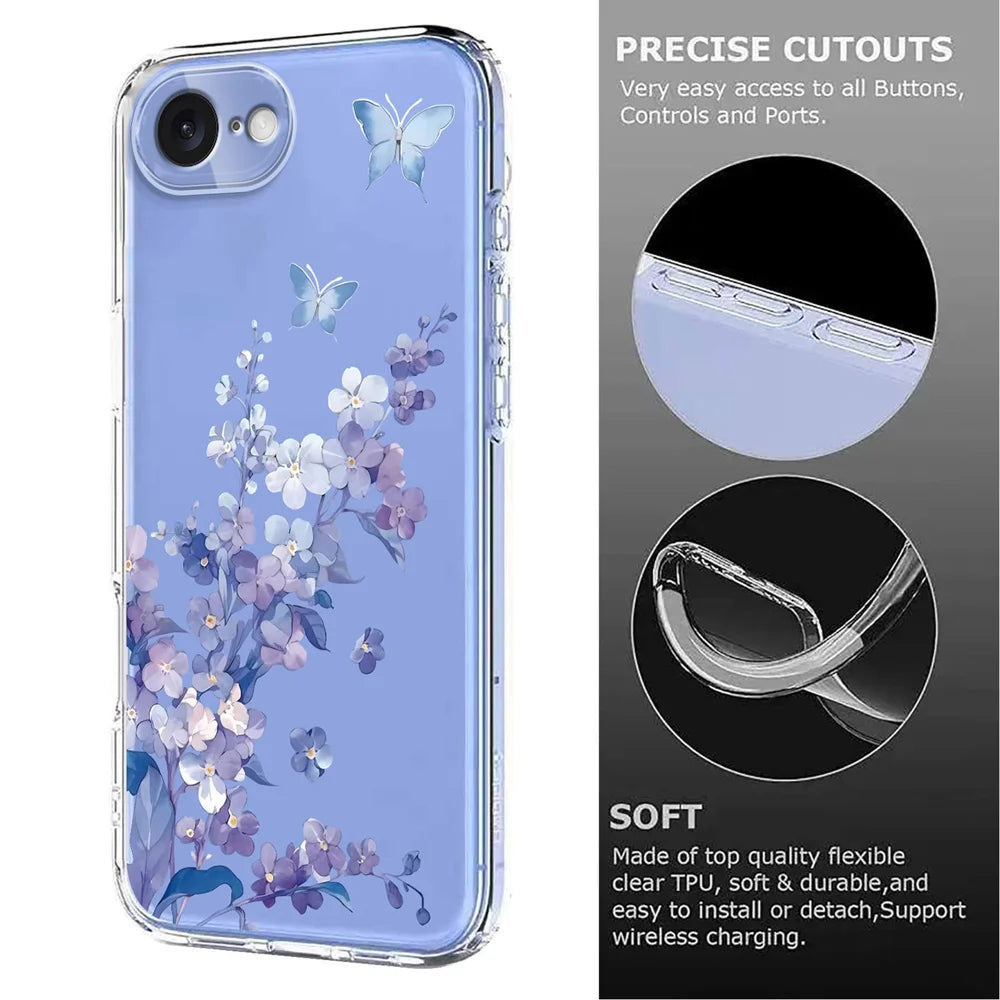 For iPhone 17e / 16e Case Butterfly Floral Pattern Printing TPU Phone Back Cover - Violets - 6