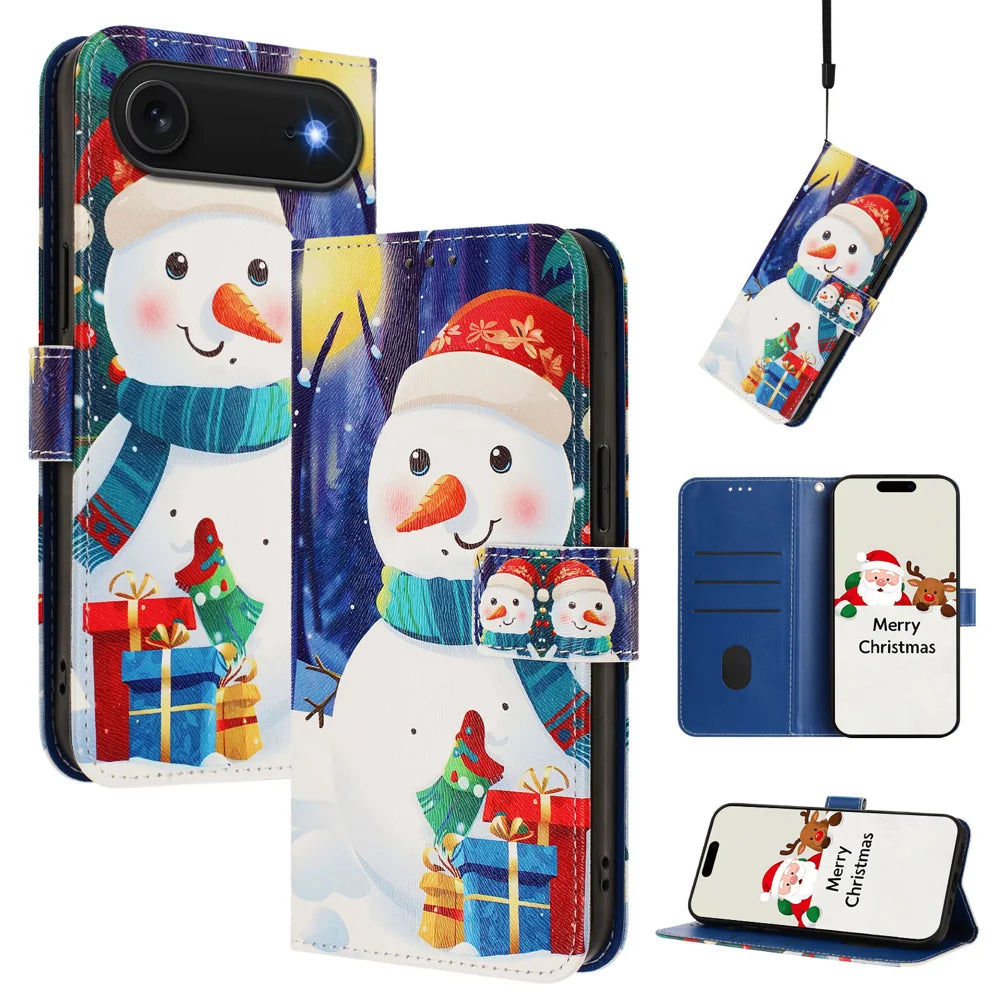 For iPhone Air Wallet Case Christmas Pattern Printing Leather Phone Cover with Lanyard - Gift Box Snowman - 2