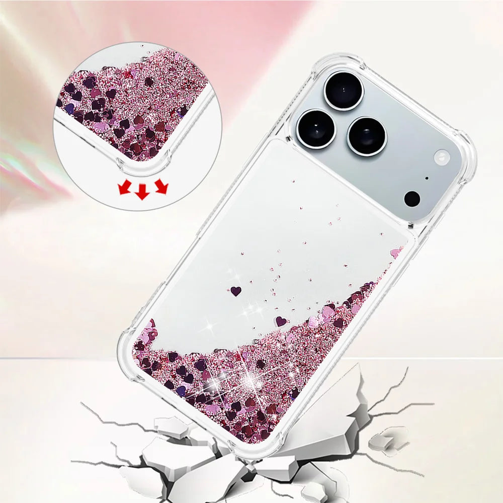 For iPhone 17 Pro Max TPU Case Glitter Quicksand Shockproof Phone Back Cover - Rose Gold / Hearts - 4