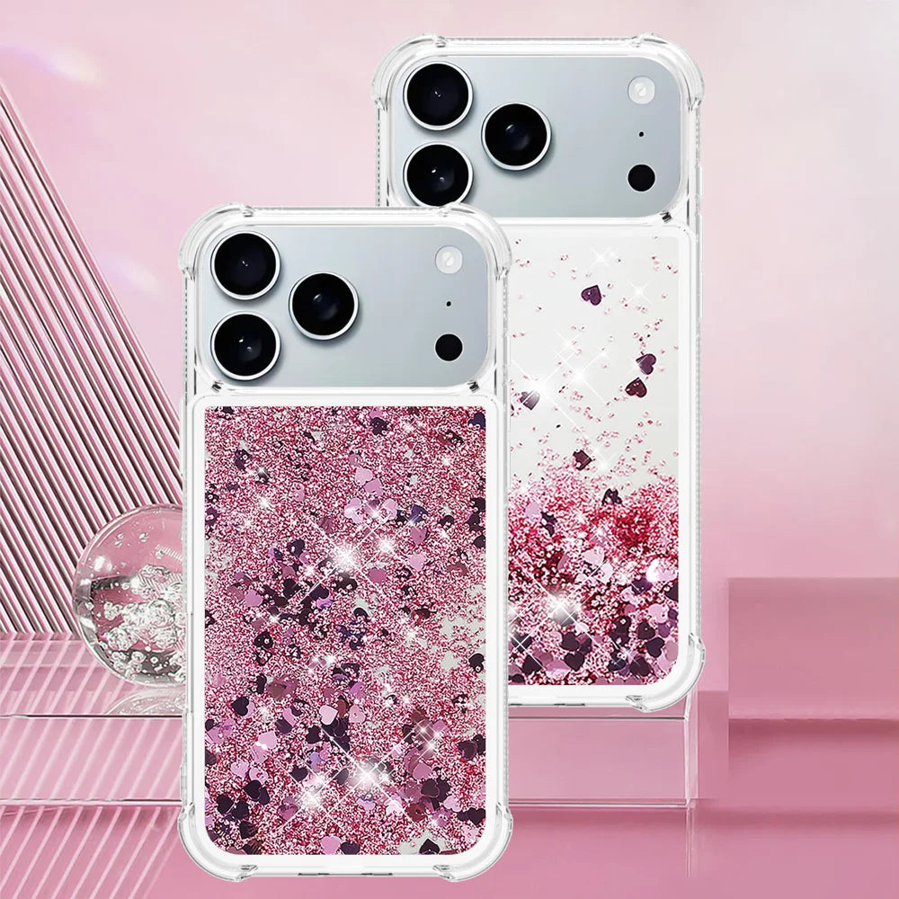 For iPhone 17 Pro Max TPU Case Glitter Quicksand Shockproof Phone Back Cover - Rose Gold / Hearts - 7