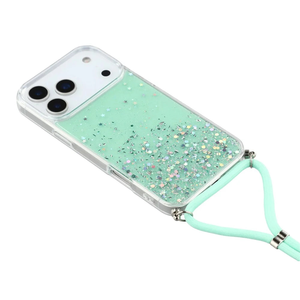 For iPhone 17 Pro Case Cute Bling TPU Epoxy Phone Cover with Lanyard - Green - 3