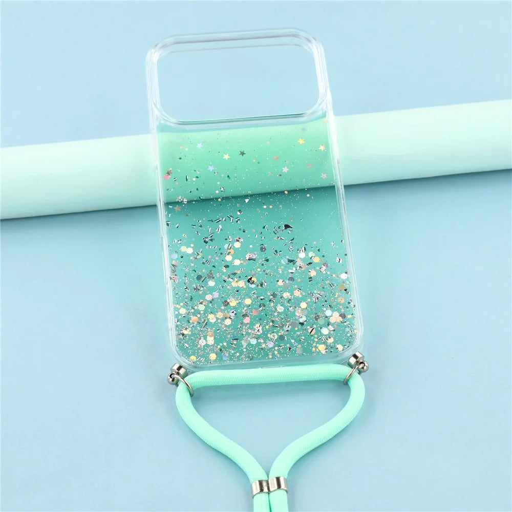 For iPhone 17 Pro Case Cute Bling TPU Epoxy Phone Cover with Lanyard - Green - 5
