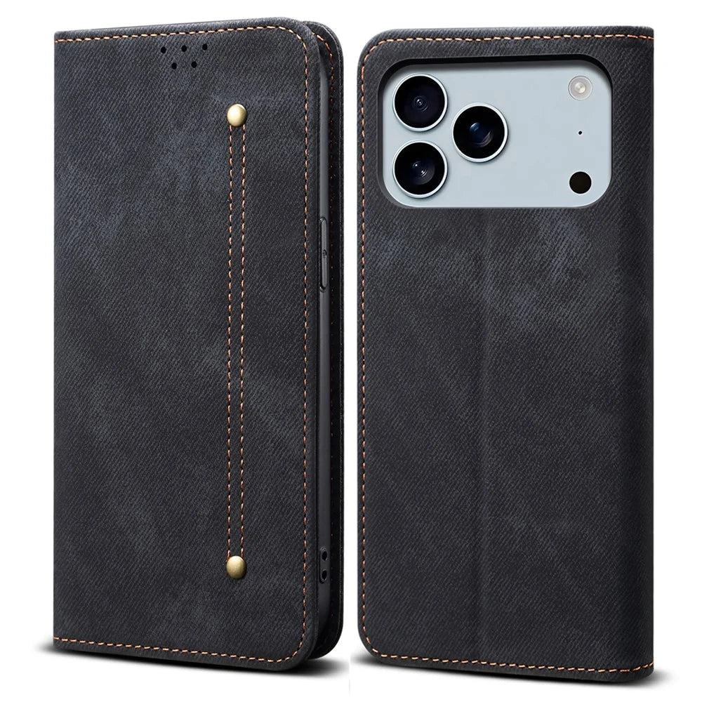 For iPhone 17 Pro Max Case Jeans Cloth Texture Anti-Scratch Leather Stand Phone Cover - Black - 1