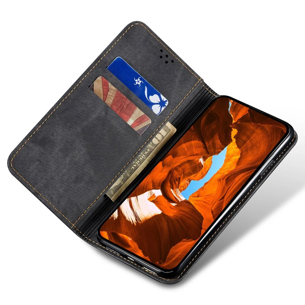 For iPhone 17 Pro Max Case Jeans Cloth Texture Anti-Scratch Leather Stand Phone Cover - Black - 2