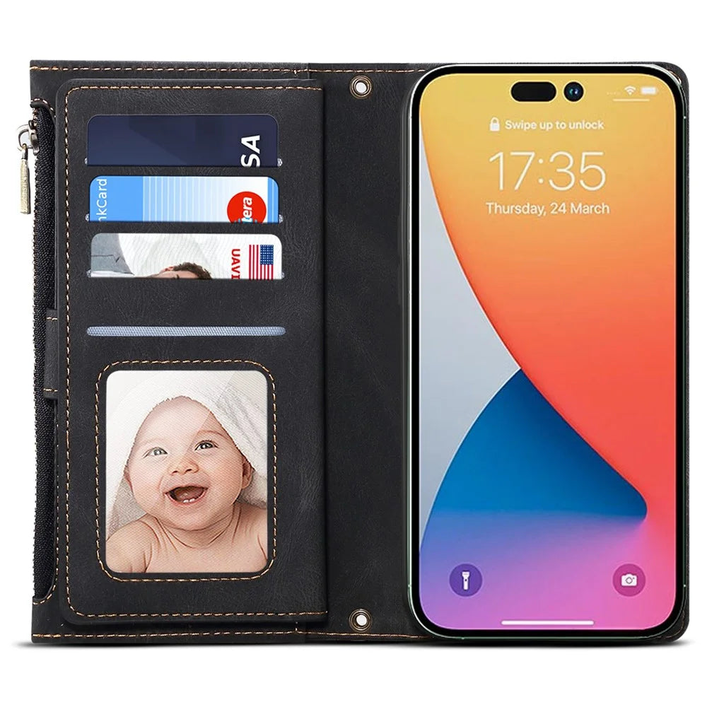 ESEBLE Star Series For iPhone 17 Case Zipper Wallet Leather Stand Phone Cover with Wrist Strap - Black - 2