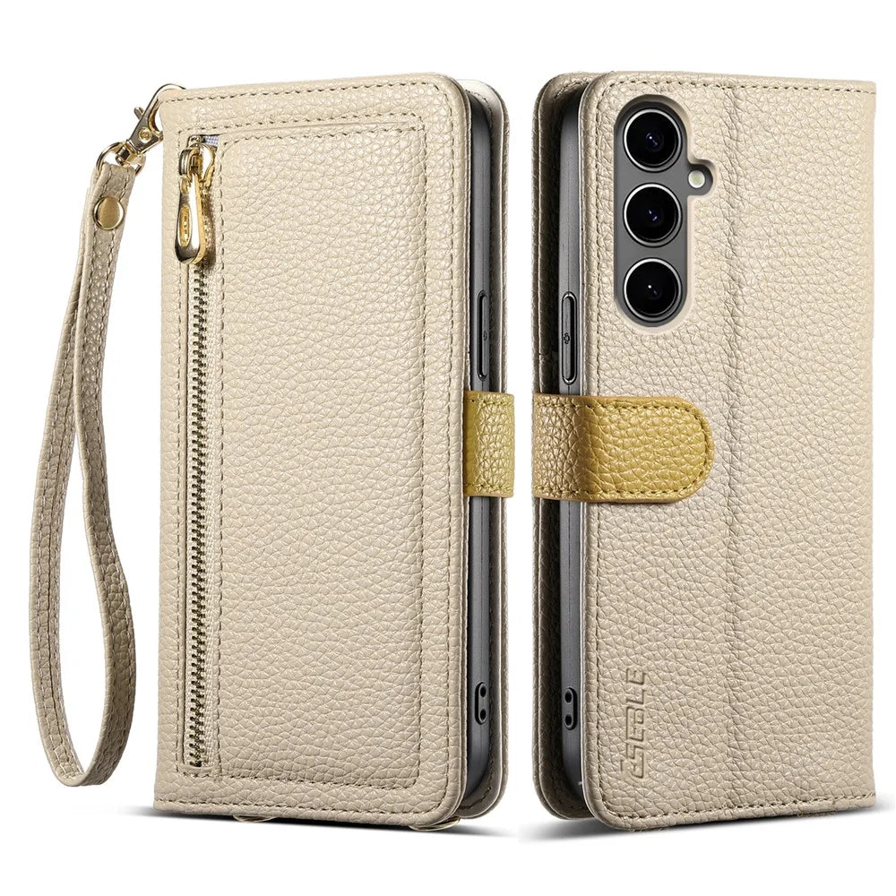 ESEBLE E11 For Samsung Galaxy A15 4G / 5G Case Zipper Pocket Litchi Texture Leather Phone Cover with Mirror and Wrist Strap - Khaki - 1