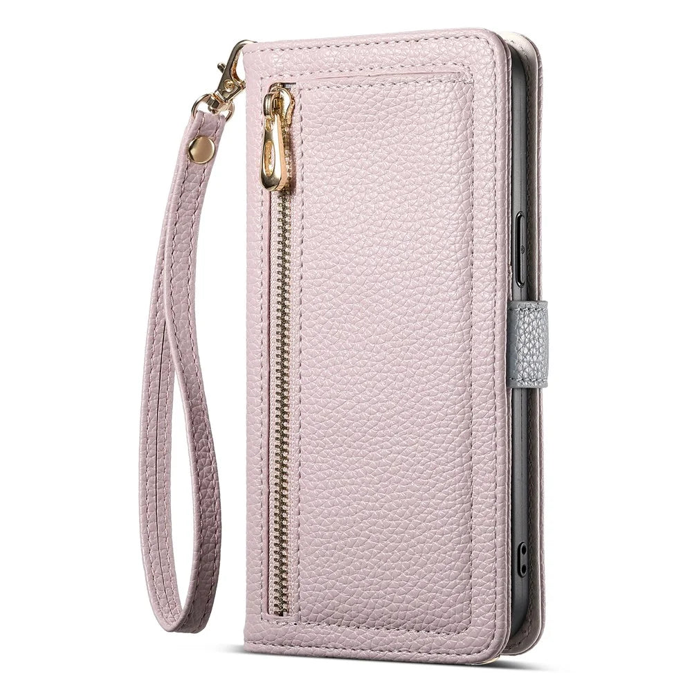 ESEBLE E11 For Samsung Galaxy A56 5G Case Zipper Pocket Litchi Texture Leather Phone Cover with Mirror and Wrist Strap - Light Purple - 7