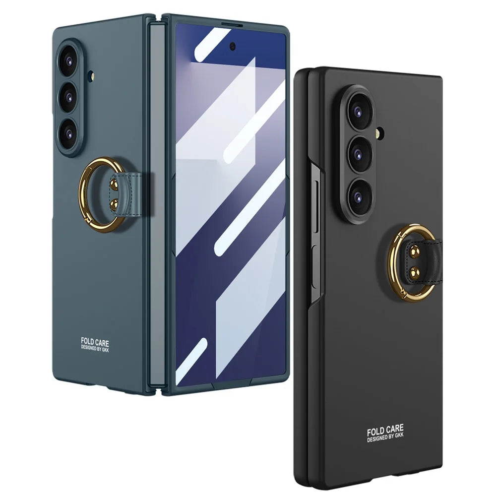 GKK For Samsung Galaxy Z Fold7 5G Case with Ring Holder Slim Hard PC Phone Cover with Tempered Glass Film - Black - 5