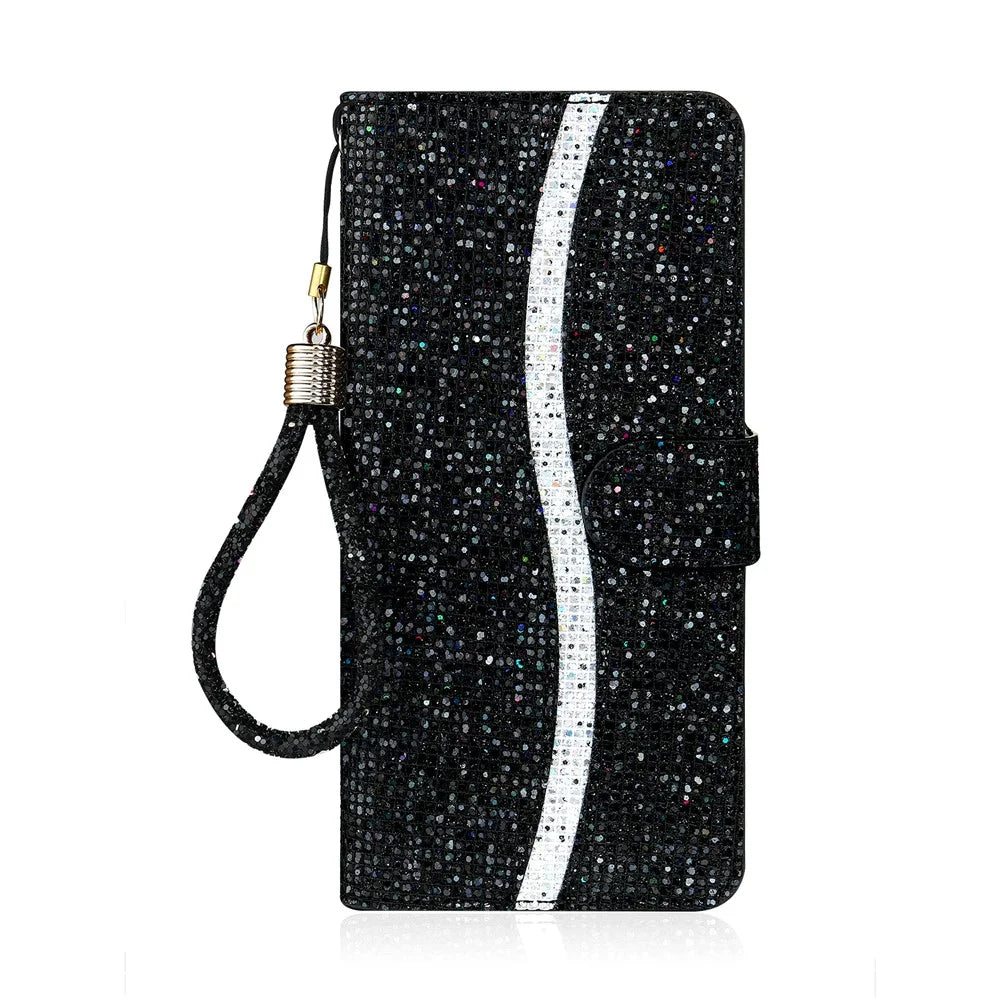 For Samsung Galaxy S25 FE Case PU Leather Wallet Card Slots Glitter Phone Cover - Black - 7