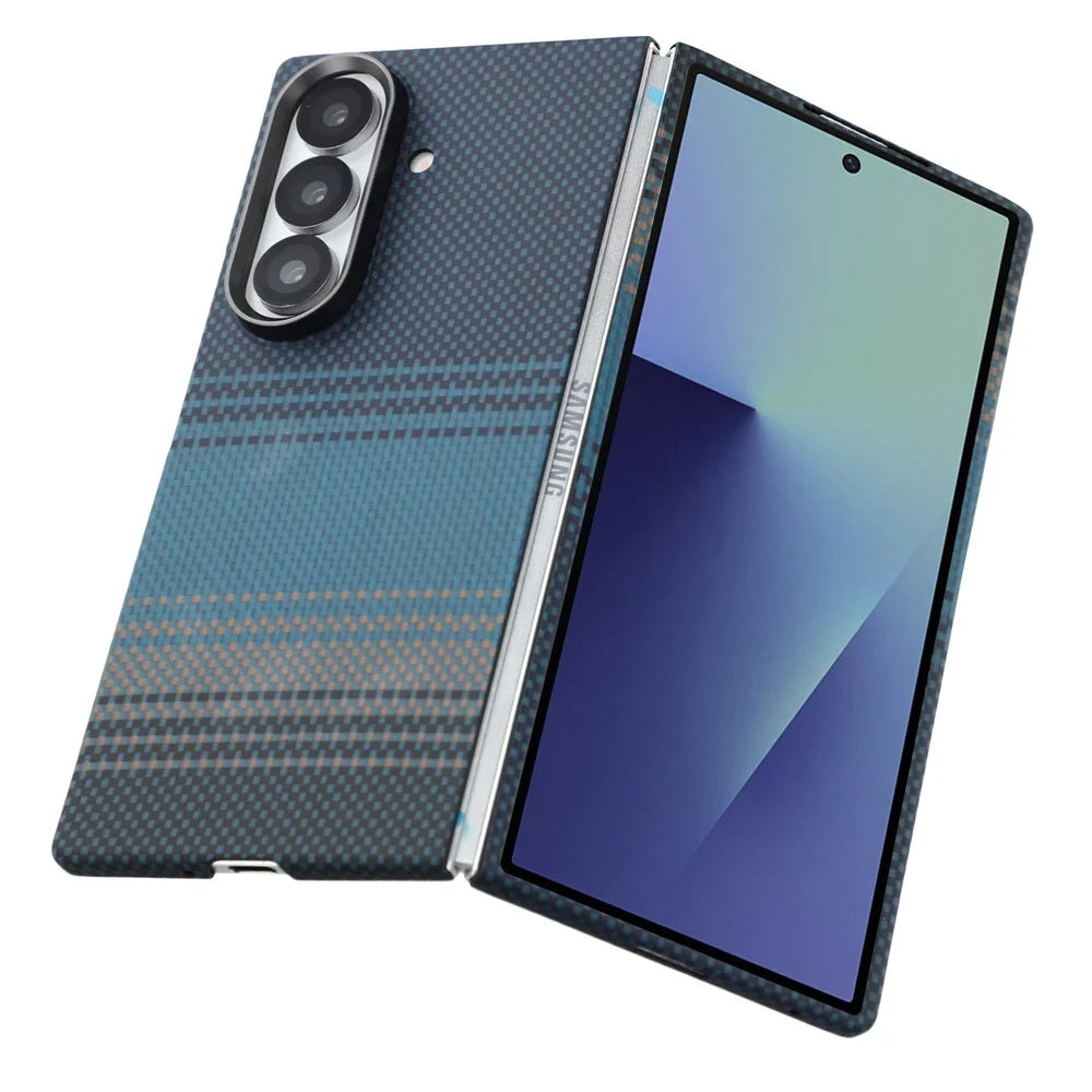 For Samsung Galaxy Z Fold7 5G Case Gradient Aramid Fiber Magnetic Phone Cover with Metal Lens Frame - Blue Floating Weave - 3