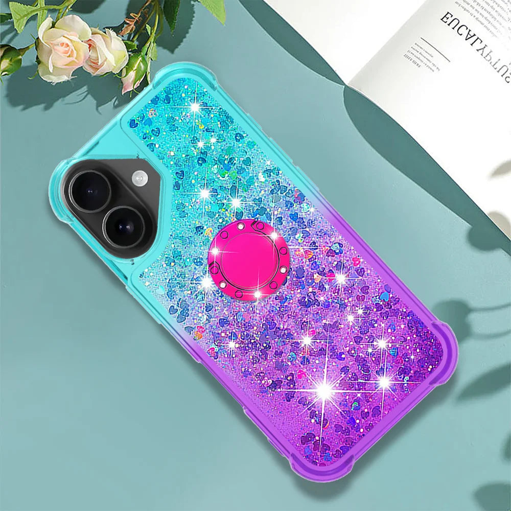 For iPhone 17 TPU Case with Kickstand Gradiant Quicksand Shockproof Cover - Sky Blue+Purple - 7