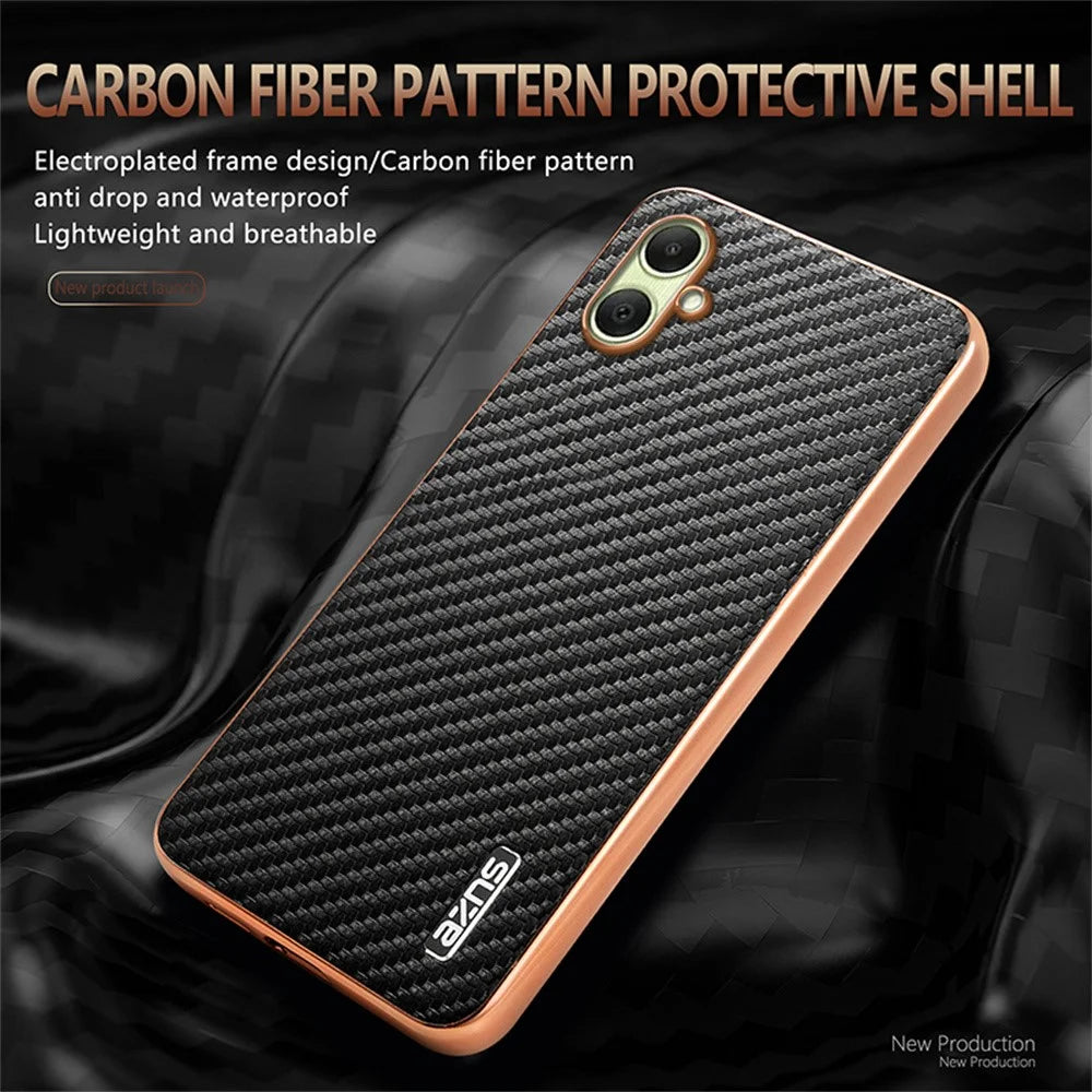 AZNS For Samsung Galaxy A08 5G / A08 4G / A07 5G / A07 4G Case Electroplating Carbon Fiber Texture PU + TPU Phone Cover - Black - 3