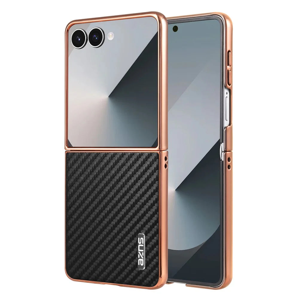 AZNS For Samsung Galaxy Z Flip7 5G Case Electroplating Carbon Fiber Texture PU+PC Phone Cover - Black - 1