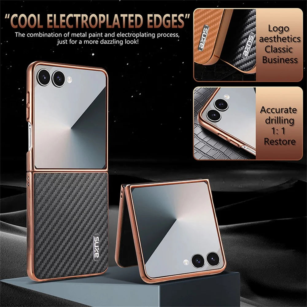AZNS For Samsung Galaxy Z Flip7 5G Case Electroplating Carbon Fiber Texture PU+PC Phone Cover - Black - 5