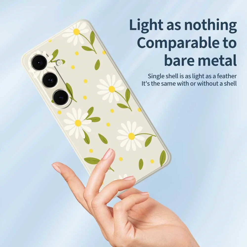 For Samsung Galaxy S24 FE Case White Flowers Green Leaves Pattern Printing Straight Edge TPU Phone Back Cover - Beige - 4