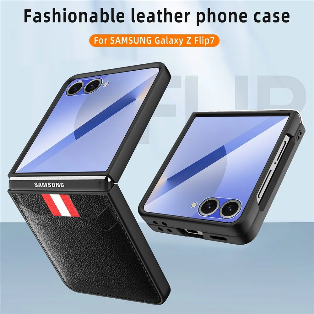 For Samsung Galaxy Z Flip7 5G Case Litchi Texture PU+PC Phone Cover with Screen / Lens Film - Blue - 3