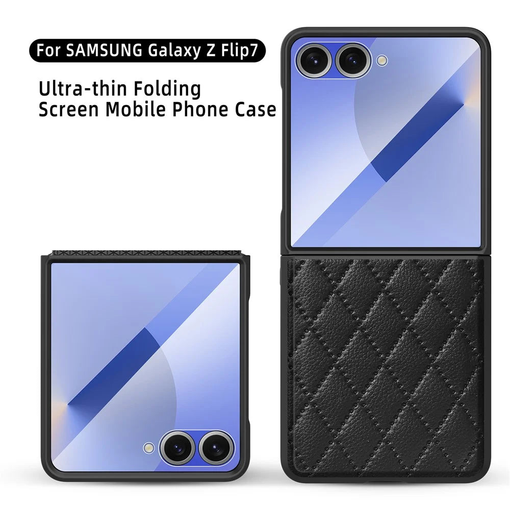 For Samsung Galaxy Z Flip7 5G Case Rhombus Imprint PU+Hard PC Phone Cover with Screen / Lens Film - Black - 2