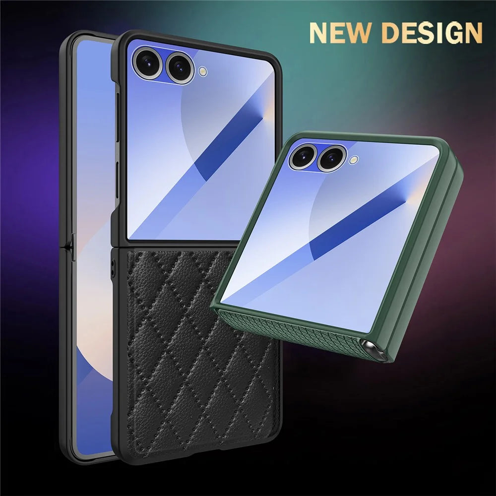 For Samsung Galaxy Z Flip7 5G Case Rhombus Imprint PU+Hard PC Phone Cover with Screen / Lens Film - Black - 4