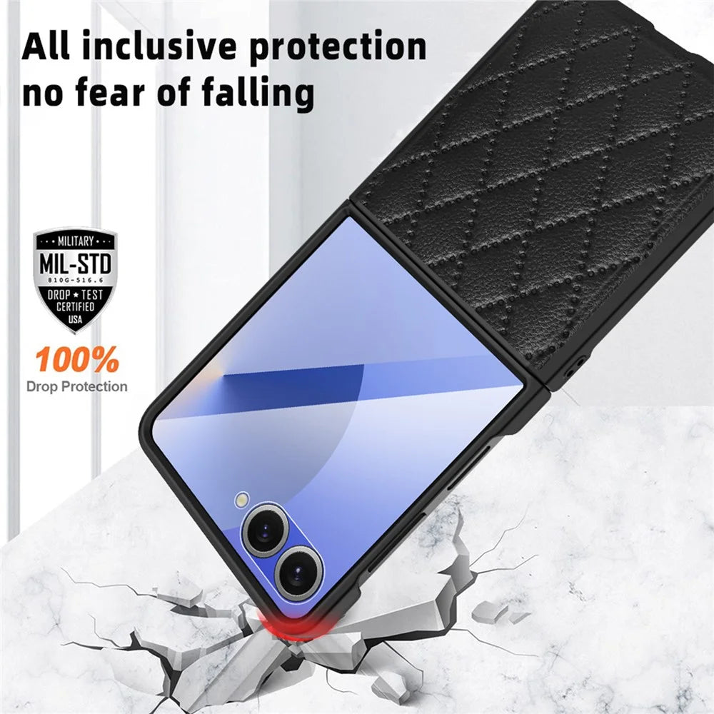 For Samsung Galaxy Z Flip7 5G Case Rhombus Imprint PU+Hard PC Phone Cover with Screen / Lens Film - Black - 7