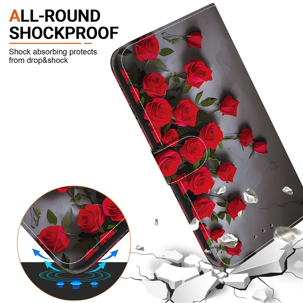 Leather Case For Samsung Galaxy A08 5G / A08 4G / A07 5G / A07 4G / A06 5G / A06 4G Stand Wallet Pattern Printing Phone Cover with Wrist Strap - Red Rose - 6