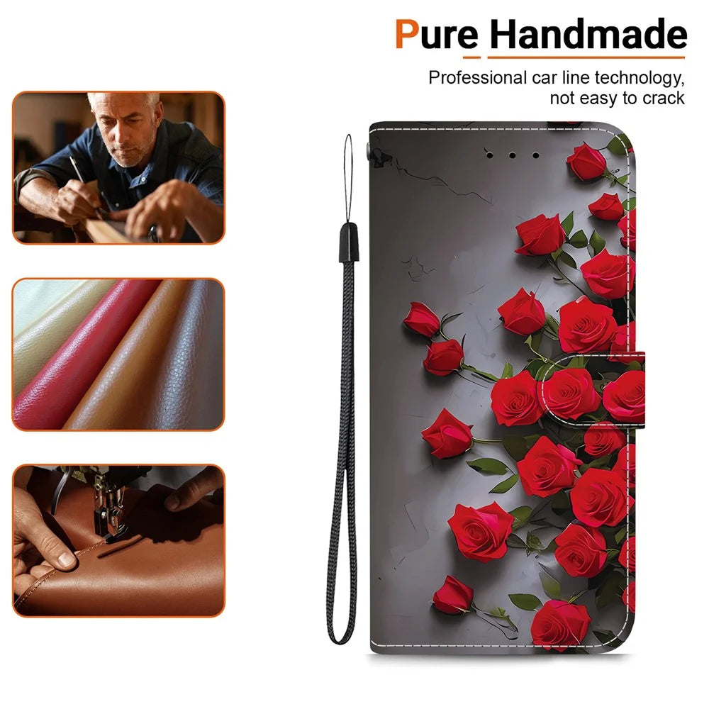 For Samsung Galaxy S25 Ultra Leather Case Stand Wallet Pattern Printing Phone Cover with Wrist Strap - Red Rose - 4