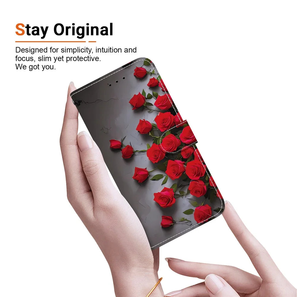 For Samsung Galaxy S25 Ultra Leather Case Stand Wallet Pattern Printing Phone Cover with Wrist Strap - Red Rose - 5