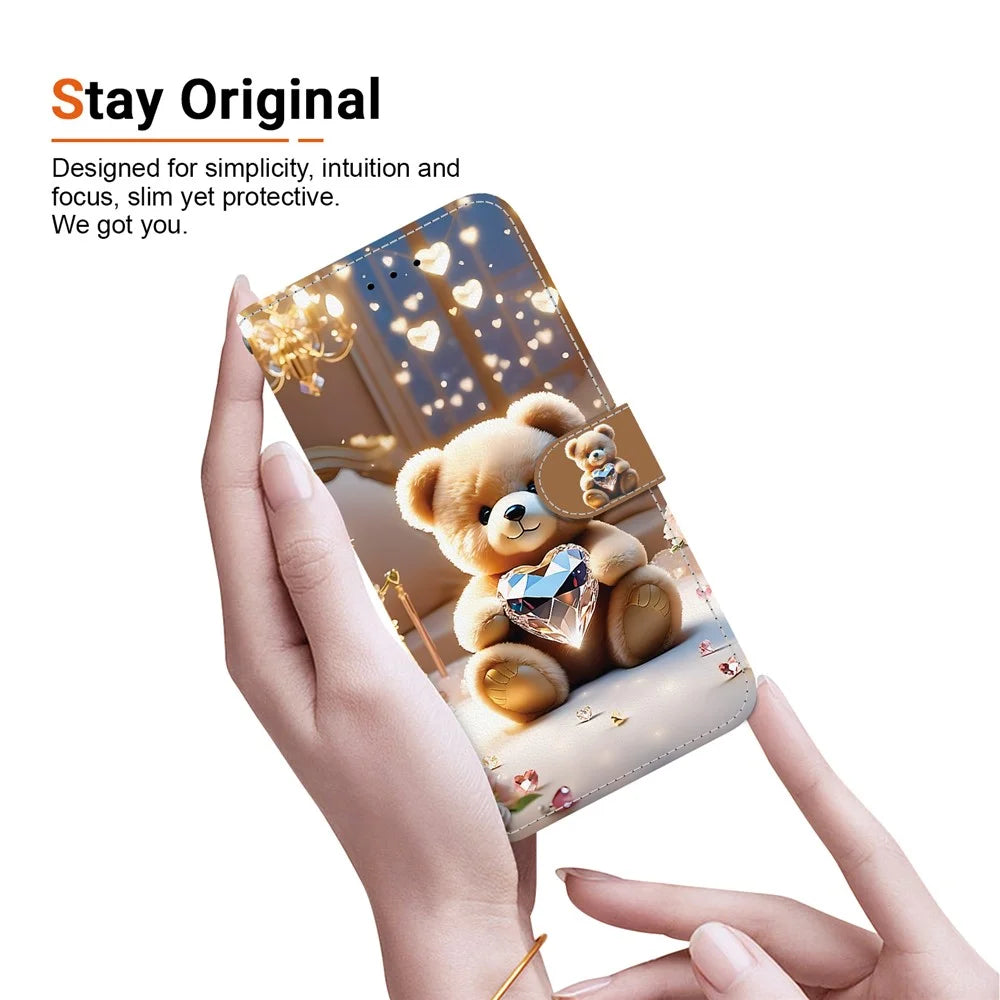 For Samsung Galaxy A18 5G / A17 5G / A17 4G / A26 5G Leather Case Stand Wallet Pattern Printing Phone Cover with Wrist Strap - Diamond Bear - 5