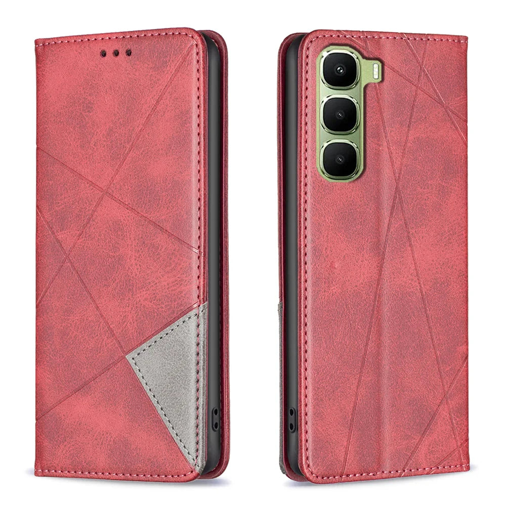 For Infinix Hot 60 Pro+ 4G Case Card Slots Geometry Imprint Leather Phone Cover - Red - 1