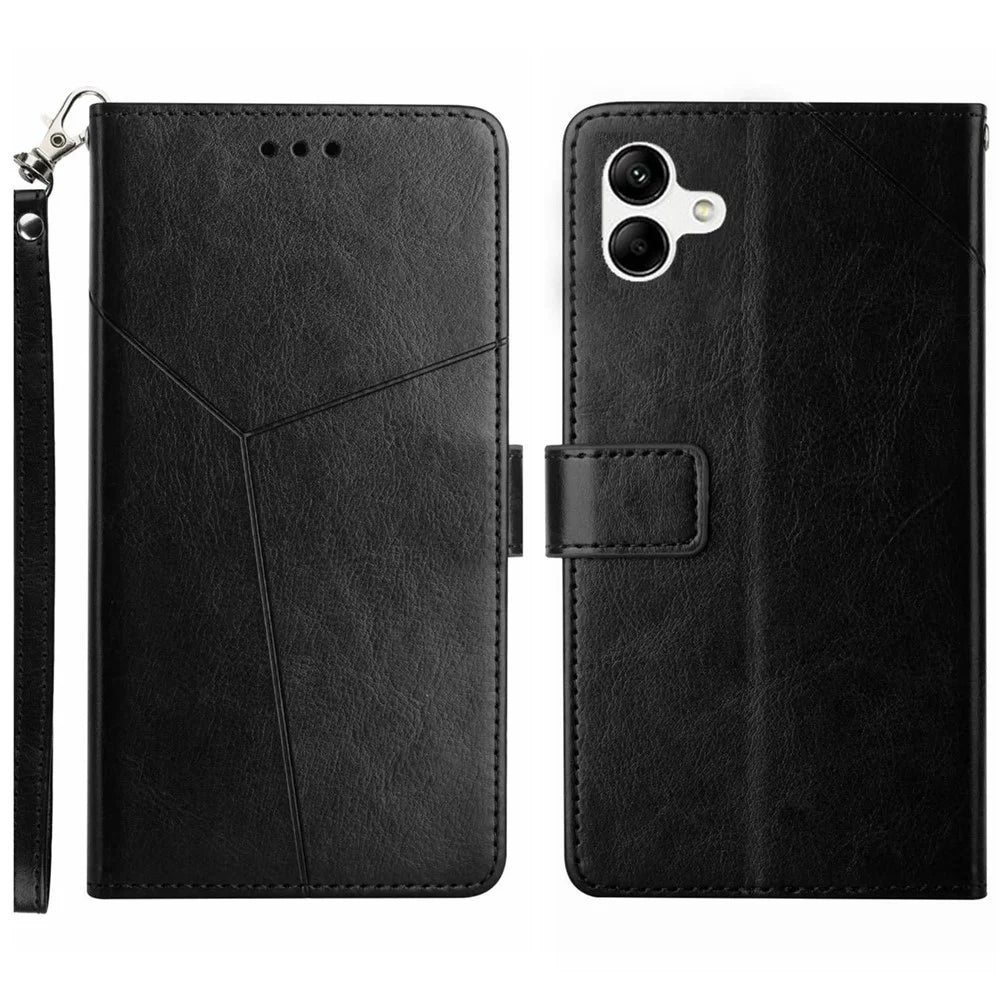 Anti-fall Flip Wallet Cover For Samsung Galaxy A04e 4G PU Leather Imprinted Y-Shaped Lines Phone Case Foldable Stand with Strap - Black - 1