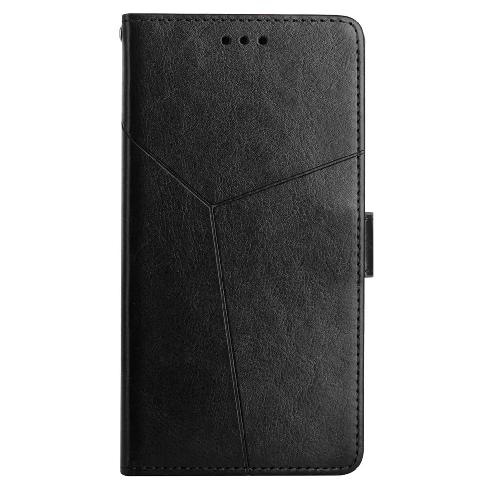 Anti-fall Flip Wallet Cover For Samsung Galaxy A04e 4G PU Leather Imprinted Y-Shaped Lines Phone Case Foldable Stand with Strap - Black - 7