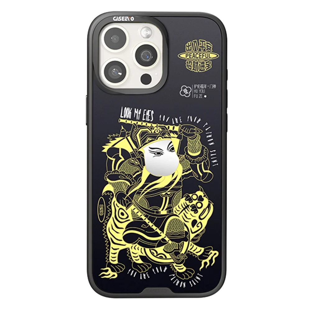 CASEEVO For iPhone 14 Pro Max Case with Detachable Door-god Backplate TPU Acrylic Phone Cover Compatible with MagSafe - Black Gold Yuchi Gong - 1